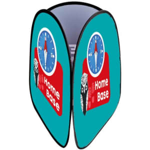 A three-sided vertical pop-up banner in teal featuring a clock and owl graphics, with a prominent logo.