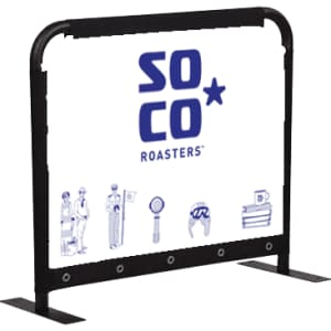 A café barrier replacement skin featuring a white background with black and blue illustrations, including a logo and figures.