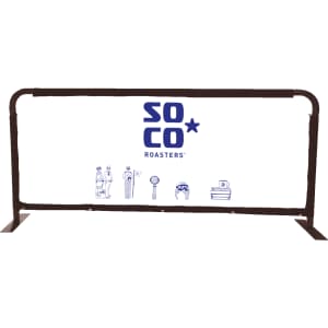 A café barrier replacement skin featuring a black frame and a white surface with illustrations and a logo.