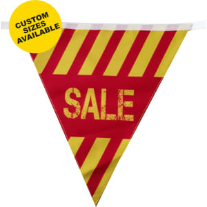 A triangular vinyl bunting in red and yellow with a logo and a textured design.