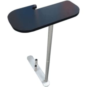 A black table stand with a silver base, featuring a sleek, modern design.