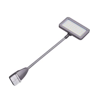 A black LED light with a rectangular head and flexible arm for positioning. It features a logo on the base.