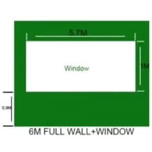 A green promotional wall design featuring dimensions of 6m by 1m with a central window cut-out.
