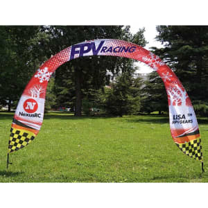 A curved arch banner measuring 3000mm x 2500mm with a red, white, and checkered design, featuring a logo.