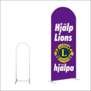 A purple tension fabric display with an H-shape curved top and a logo, featuring the words "Hjälp Lions".