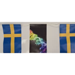 Polyester bunting featuring blue and yellow flags with Swedish design and a central rainbow smoke image.