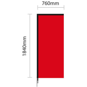 A red double-sided wing banner with dimensions of 760mm by 1840mm. It features a simple black border and includes a logo.