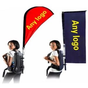 A tear drop banner in red and a rectangular banner in navy blue, both attached to a black backpack, featuring logos.