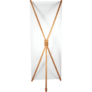 A bamboo X-banner stand with a white display fabric and a cross support design.