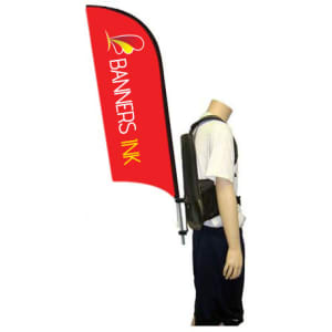 A double-sided wing banner attached to a black backpack, featuring a red and yellow design.