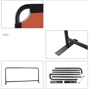 A promotional café barrier featuring a black frame and an orange fabric section, with various assembly components displayed.