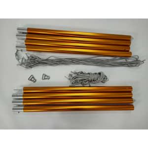An assortment of orange camping canopy poles, grey ropes, and metal hooks arranged neatly on a white background.