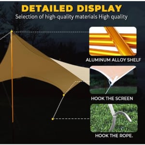 A camping canopy in beige with poles, featuring high-quality materials and detailed connections for setup.