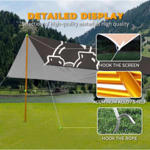 A camping canopy featuring a grey top and orange poles, showcasing various structural details and materials.