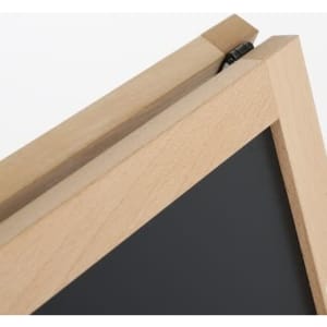 A wooden A-frame chalkboard with a black writing surface and a natural finish. It features a logo.