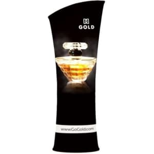 A promotional tension fabric display featuring a curved tower design with a gold perfume bottle image, predominantly black.