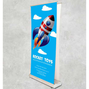 A double-sided lightweight pull-up banner features a rocket design on a blue background, with a logo at the bottom.