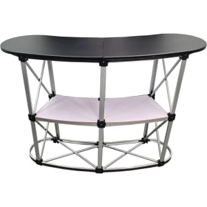 A promotional table with a curved black top, silver frame, and a lower white shelf. It has a logo.