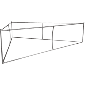 A triangular metal frame for a tension fabric display, featuring a silver finish and a sleek design.