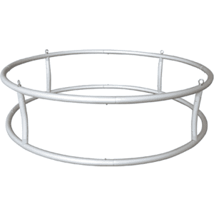 A circular hanging frame made of silver metal, featuring multiple support rings for tension fabric displays.