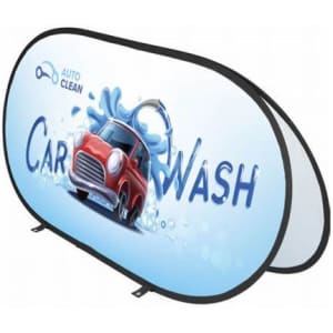 A pop-up banner featuring a red car in water, with a blue background and a logo. The banner is oval-shaped.