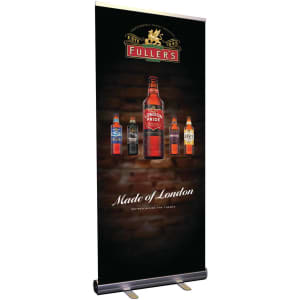 A pull-up banner featuring a dark background with several beer bottles and a logo, predominantly in black and gold.