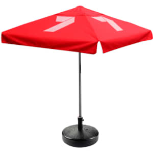 A red café umbrella with a black base, featuring a valance and a central pole, showcasing a logo.