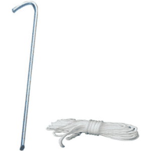 A metal tent peg with a hook end and a bundle of white rope.
