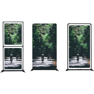 Three tension fabric displays featuring vibrant images of cyclists on a tree-lined path, with black frames.