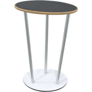 An oval table with a black top and wooden edge, supported by three silver legs and a white base.