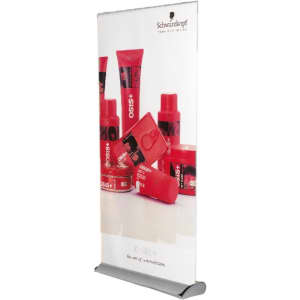 A pull-up banner displaying various hair care products in red packaging, featuring a logo at the top.