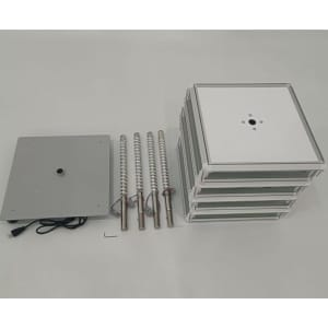 A rotating light box kit featuring a base, multiple panels, and three adjustable poles in silver and white.