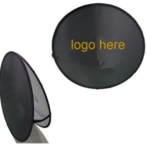 A round pop-up banner in black with a logo area, showcasing a collapsible design.