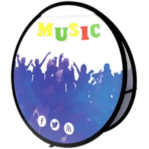 A round pop-up banner featuring a gradient blue background with silhouettes of a crowd and colourful text. It has a logo at the bottom.