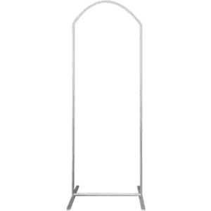 A H-shaped tension fabric display stand with a curved top, featuring a silver metal frame.