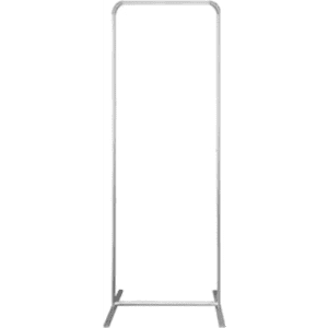 A silver tension fabric display stand with a flat top and H-shape design.
