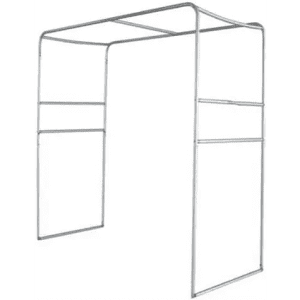 A silver metal arch frame for displaying tension fabric, featuring a rectangular design with open sides.