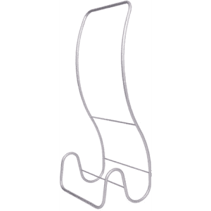 A silver snake-shaped display stand designed for tension fabric displays.