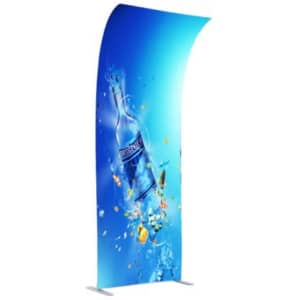 A tension fabric display with a blue design featuring a water bottle and splashes, set on a silver base.