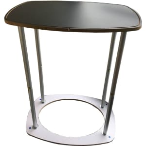 A promotional table with a black top and silver legs, featuring a circular base and a logo.