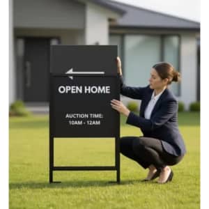 A large black steel lawn sign with directional arrow and text about an open home being arranged by a woman in business attire.