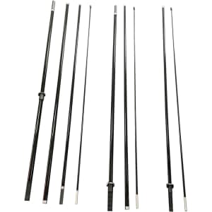 A collection of black banner poles of varying lengths arranged in a straight line, some with silver accents.