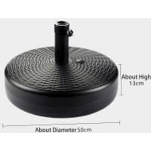 A round, black café umbrella water base, 50cm in diameter and 13cm high, featuring a central pole attachment.