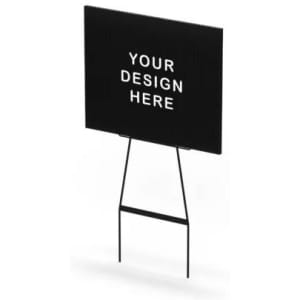 A black wire stake sign holder, 545mm high and 195mm wide, featuring a blank display area for custom designs.