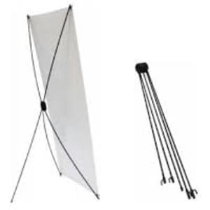 An X-banner display with a white banner and a black frame, showcasing its collapsible design.