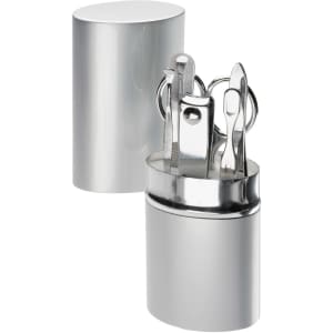 A silver manicure set featuring various tools, including clippers and pushers, in a cylindrical case.