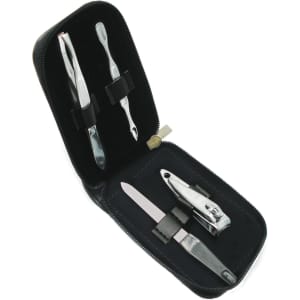 A black zippered case containing stainless steel manicure tools, including clippers, tweezers, and a nail file.
