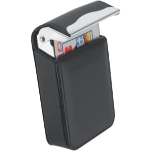 A sleek black travel pack of cards with a metallic clip, displaying playing cards inside.