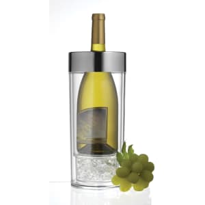 A drink bottle holder in clear acrylic with a silver top, featuring a chilled bottle of white wine and green grapes.