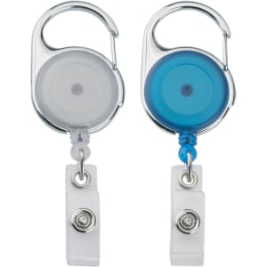 A badge holder with a retractable reel, featuring clear and blue colours. Each holder has a carabiner clip.